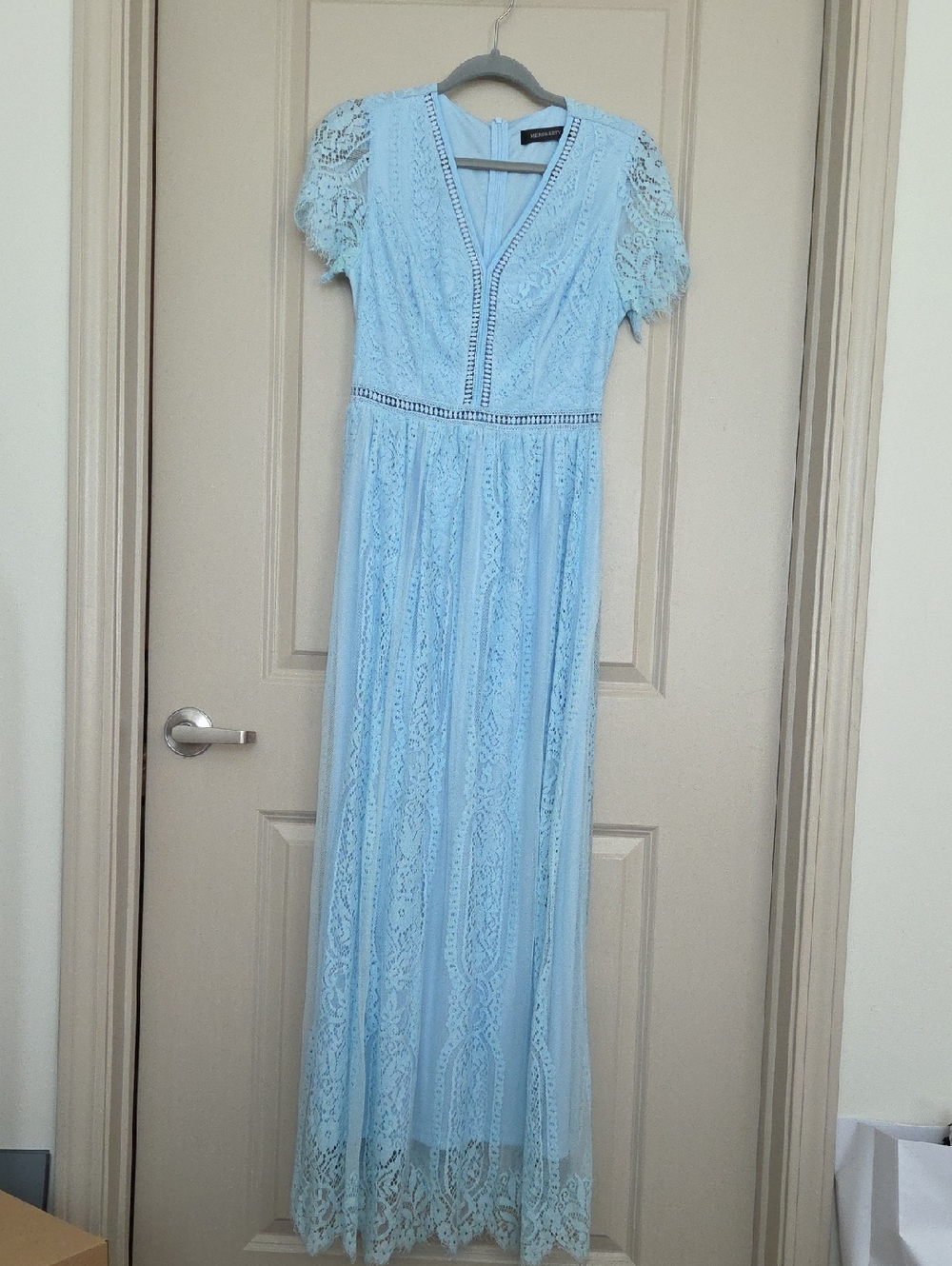 Light Blue Lace Maxi Dress with V-Neck By Merokeety